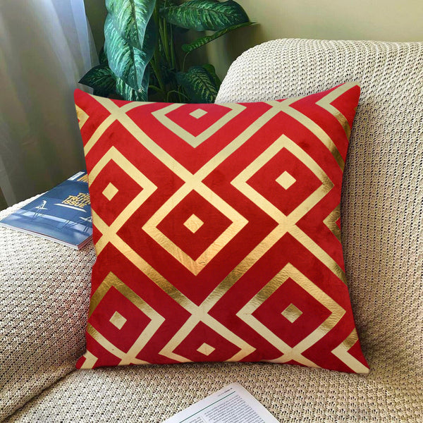 Luxury Foil Print Red and Golden Velvet Cushion 16 x 16 inches 1040001
