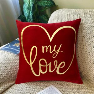 Luxury Foil Print Red and Golden Velvet Cushion 16 x 16 inche- 01040001