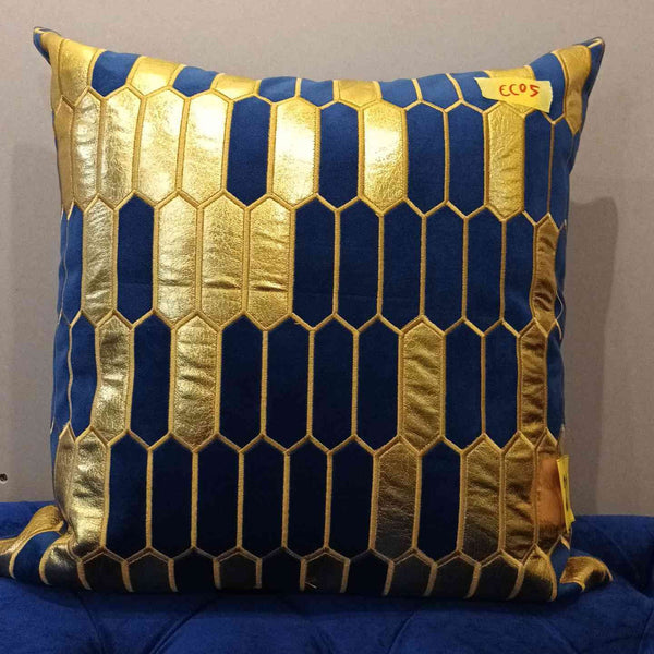 Luxury Foil Print Navy Blue and Golden Velvet Cushion 16 x 16 inches 1040555