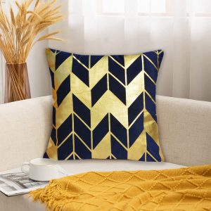 Luxury Foil Print Navy Blue and Golden Velvet Cushion 16 x 16 inches 1040061